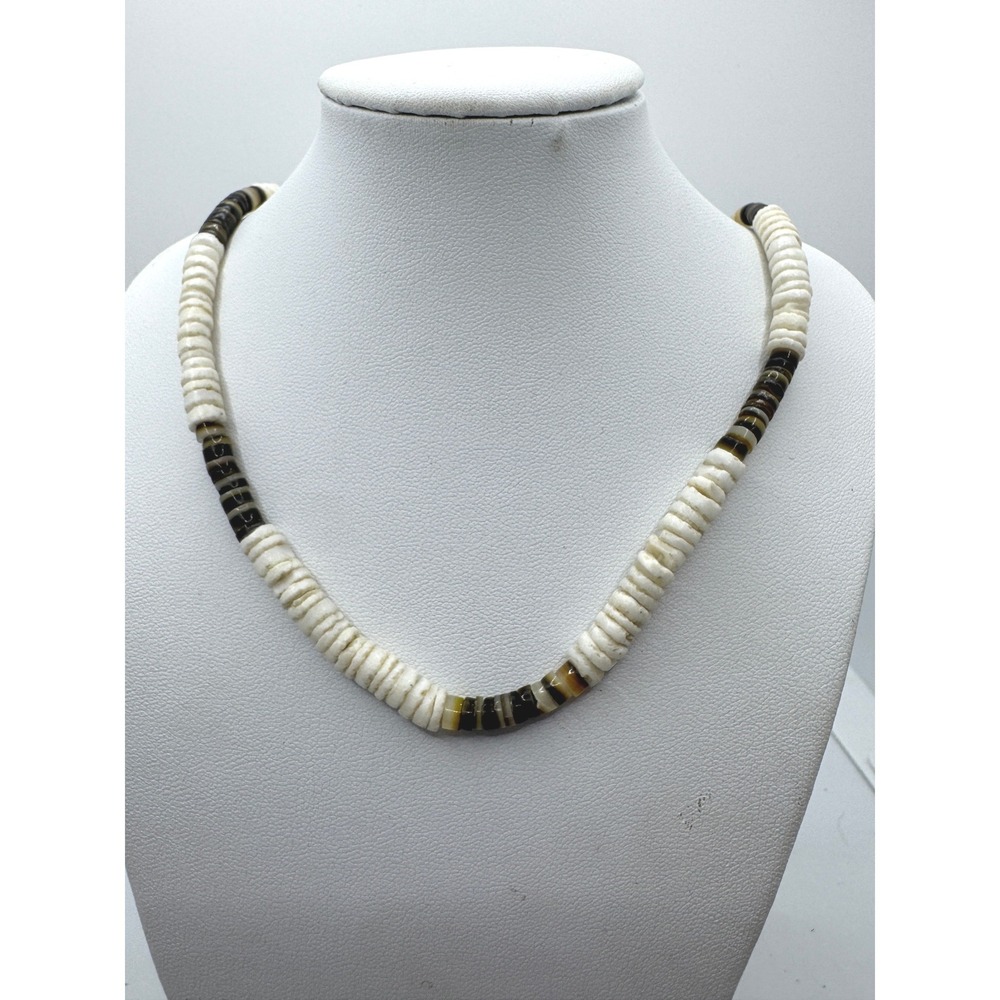 Vintage Puka Shell Heishi Bead Choker Necklace Brown Cream Barrel Clasp